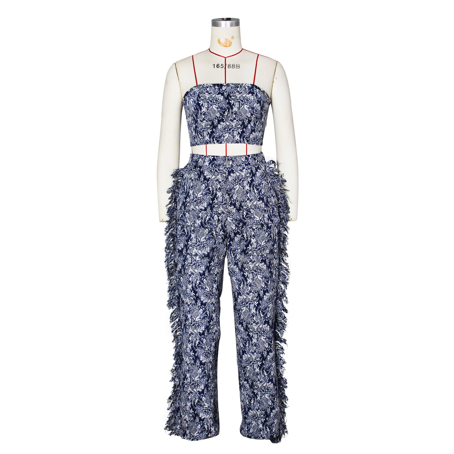 CM.YAYA Fashion Print Women's Set Strapless Top and Wide Leg tassel Pants Summer Cargo Street Two 2 Piece Set Outfit Tracksuit