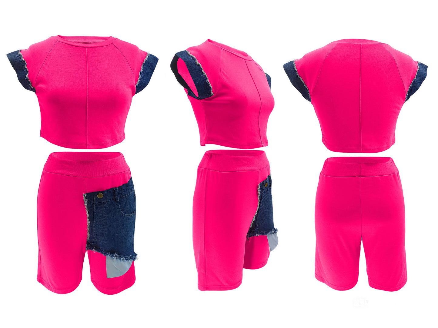 CM.YAYA Fashion Denim Patchwork Women's Set Sleeveless T-shirt and Shorts 2025 Active Street Two 2 Piece Sets Outfits Tracksuit