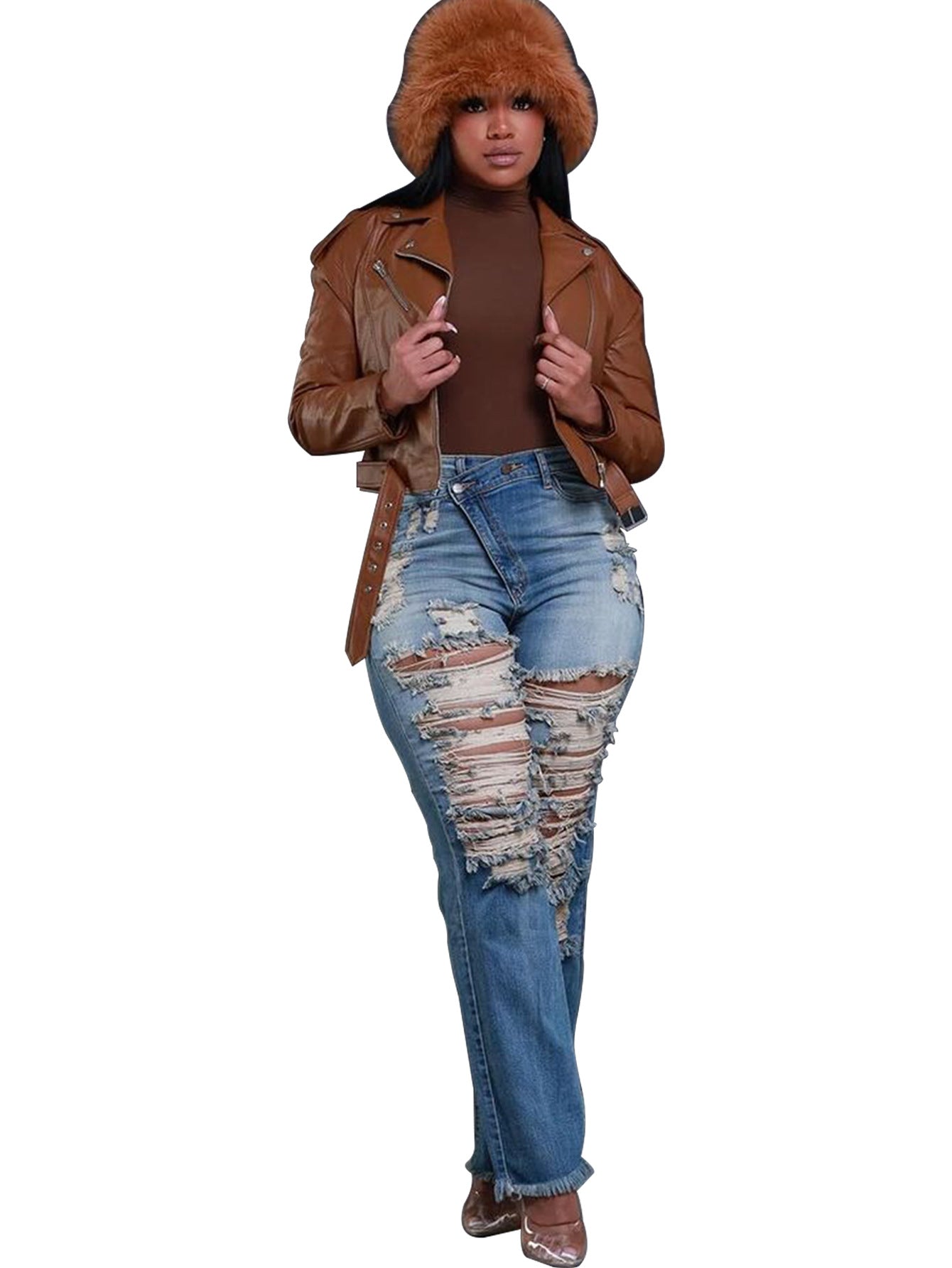 Jeans Ankle Length Women Pencil Denim Hole Pants Ripped Pockets High Waist Jean Skinny Streetwear Button Washed Distressed