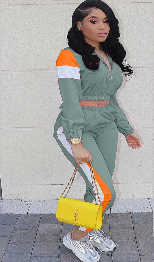 2024 Women's Fashion Color Collision Casual Suit, Splicing Sports Two-piece Set