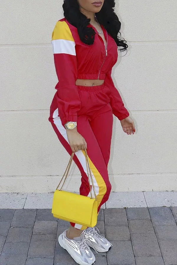 2024 Women's Fashion Color Collision Casual Suit, Splicing Sports Two-piece Set