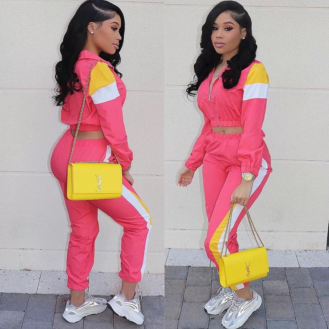 2024 Women's Fashion Color Collision Casual Suit, Splicing Sports Two-piece Set