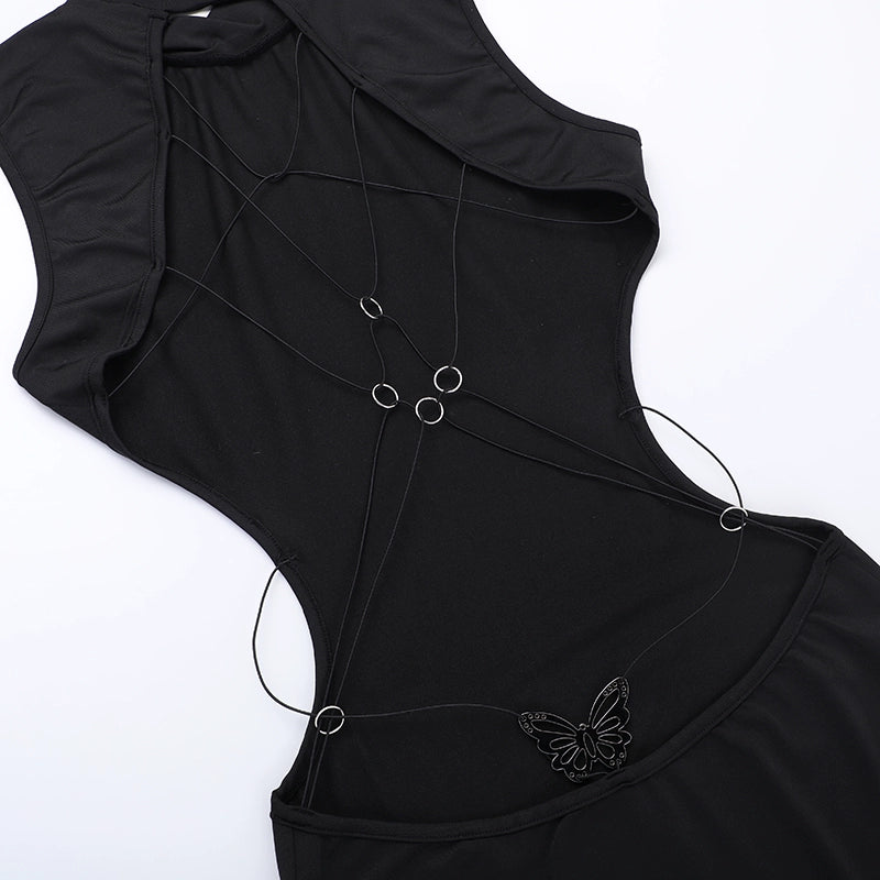 Umwerfendes europäisches und amerikanisches Metall-Schmetterling Aushöhlen Rückenfreies Kleid Damen Gyaru Stil Schlankmachender langer Rock mit Schlitz