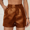 European and American Foreign Trade PU Leather Shorts Women's Outer Wear Cross-border Women's New High-roll Hem Pleated Women's Casual Hip Pants