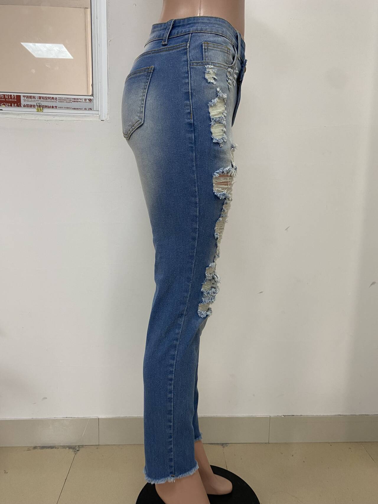 Jeans Ankle Length Women Pencil Denim Hole Pants Ripped Pockets High Waist Jean Skinny Streetwear Button Washed Distressed