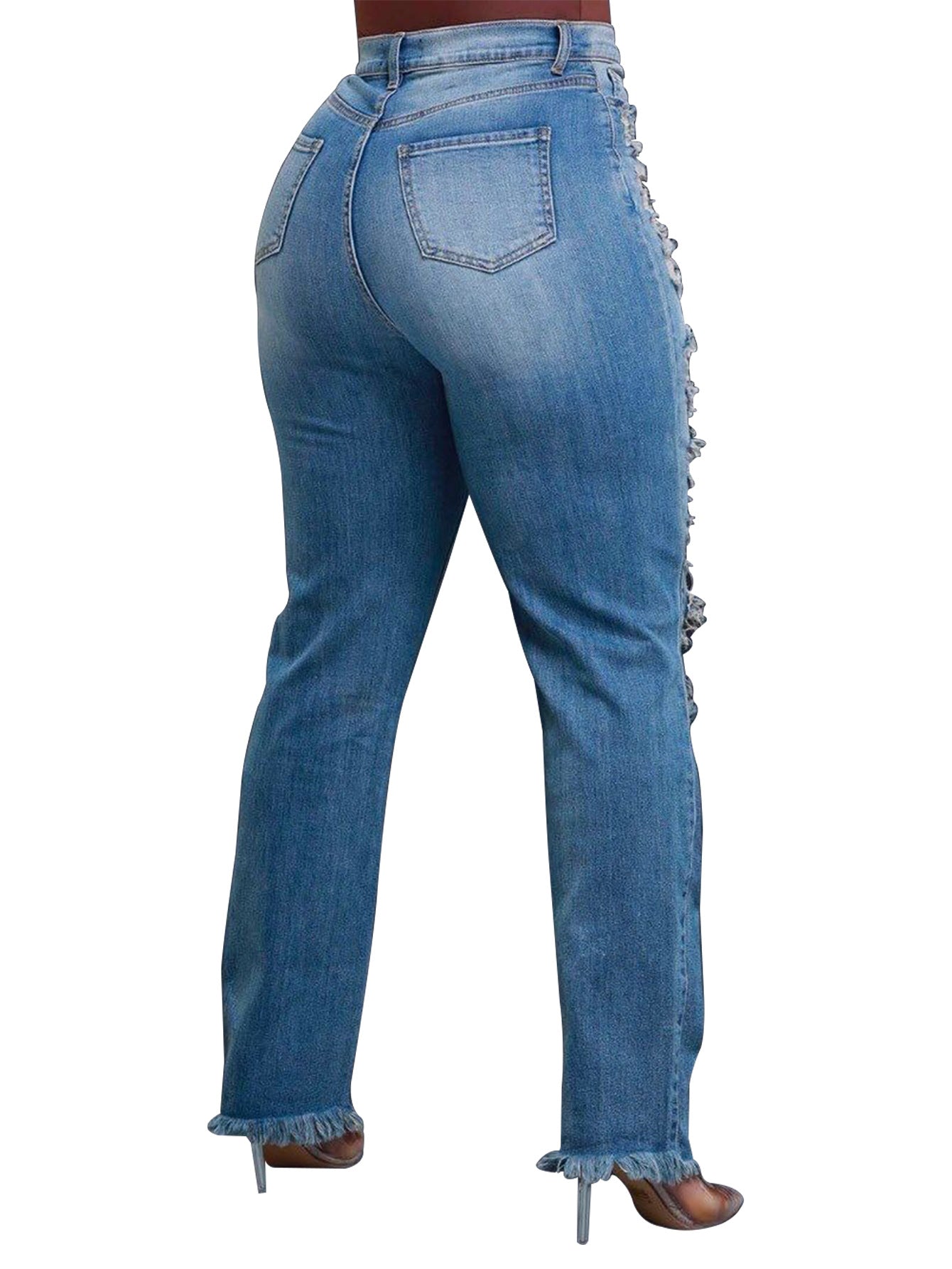 Jeans Ankle Length Women Pencil Denim Hole Pants Ripped Pockets High Waist Jean Skinny Streetwear Button Washed Distressed