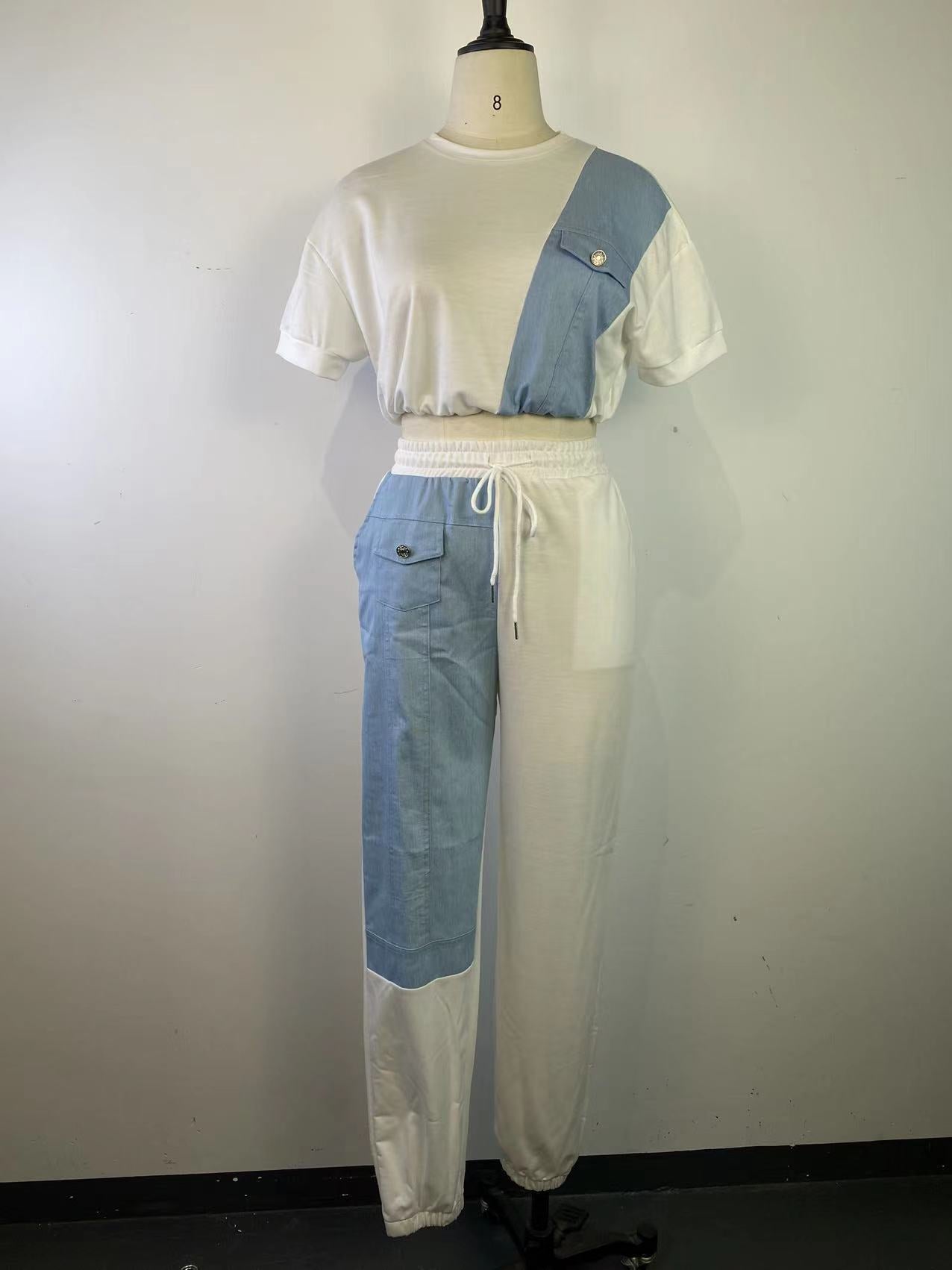 CM.YAYA Workout Denim Patchwork Women Two 2 Piece Set Outfit Sweatsuit 2022 T-shirt and Jogger Pants Matching Set Tracksuit