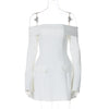 BKQU Elegantes schulterfreies Langarm-Minikleid für Damen, sexy trägerloses, rückenfreies, schmales A-Linien-Kurzleid, elegantes Party-Vestido