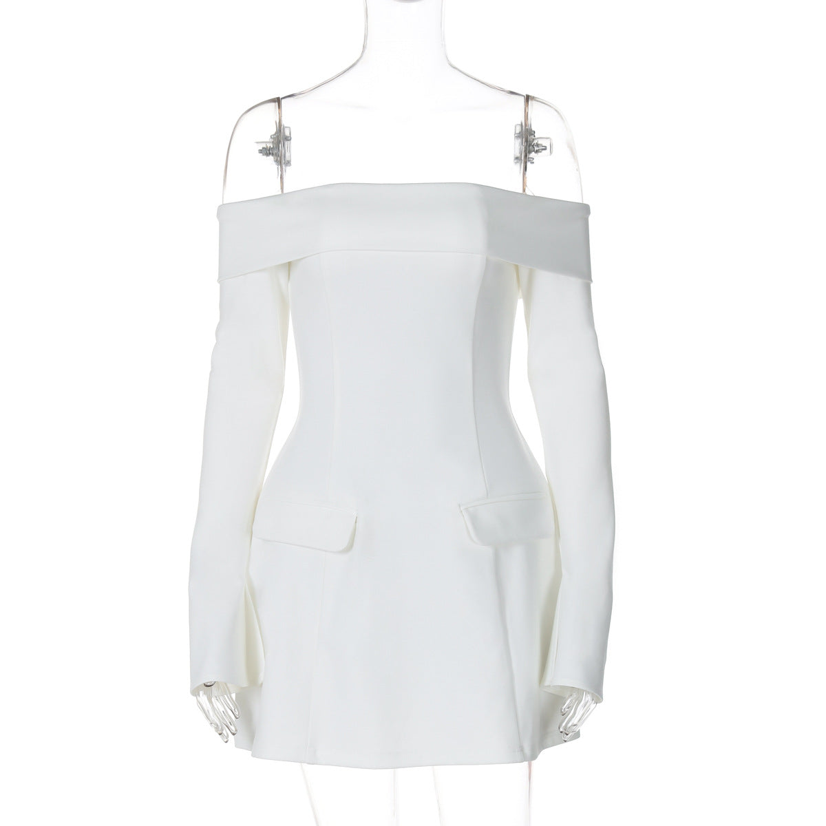 BKQU Elegantes schulterfreies Langarm-Minikleid für Damen, sexy trägerloses, rückenfreies, schmales A-Linien-Kurzleid, elegantes Party-Vestido
