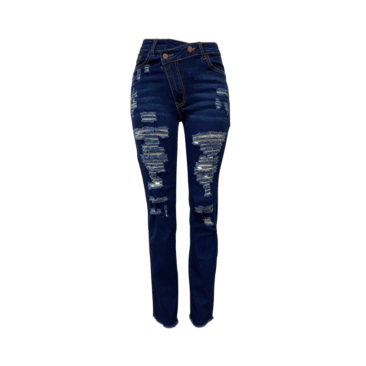 Jeans Ankle Length Women Pencil Denim Hole Pants Ripped Pockets High Waist Jean Skinny Streetwear Button Washed Distressed