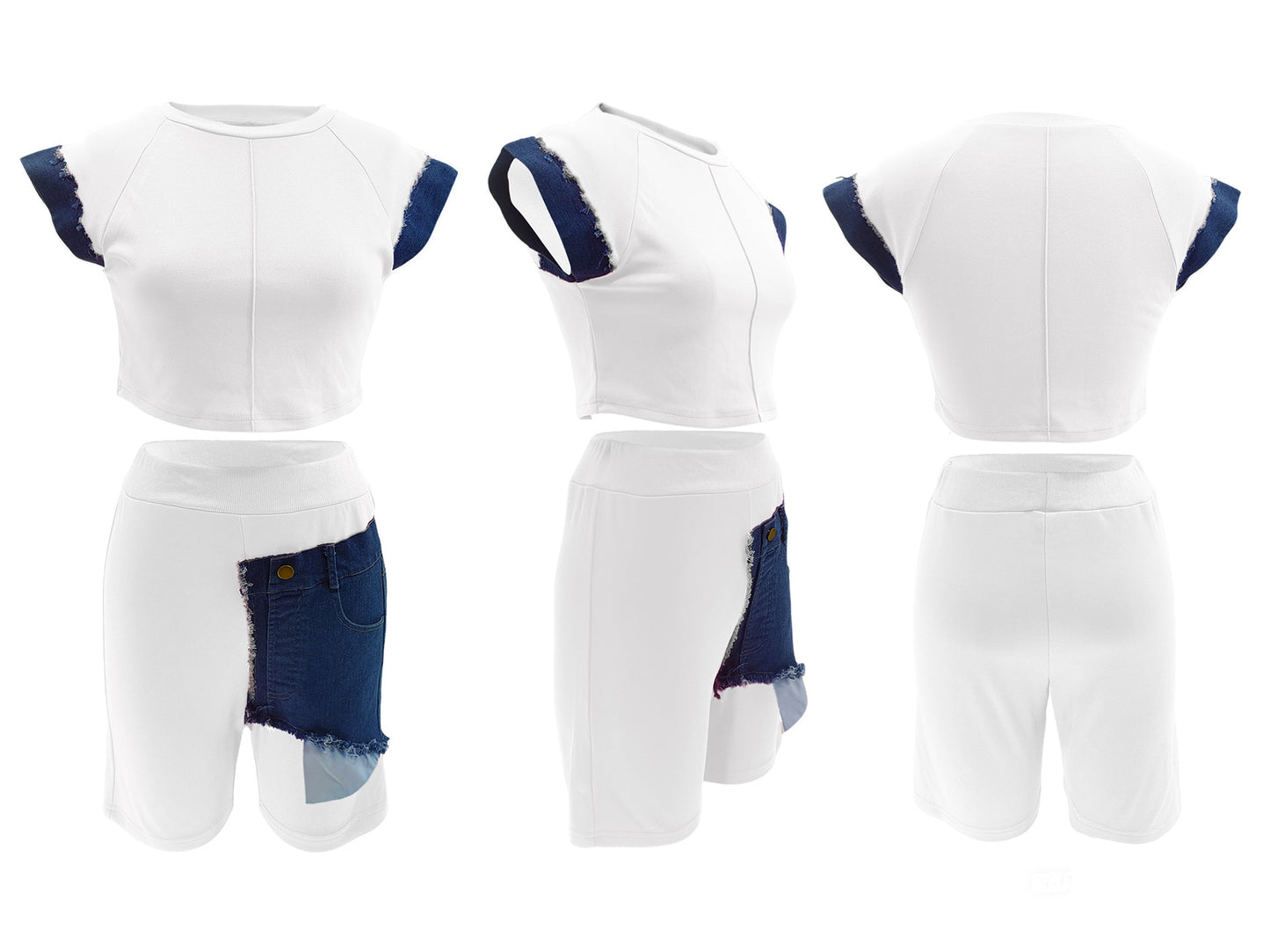 CM.YAYA Fashion Denim Patchwork Women's Set Sleeveless T-shirt and Shorts 2025 Active Street Two 2 Piece Sets Outfits Tracksuit