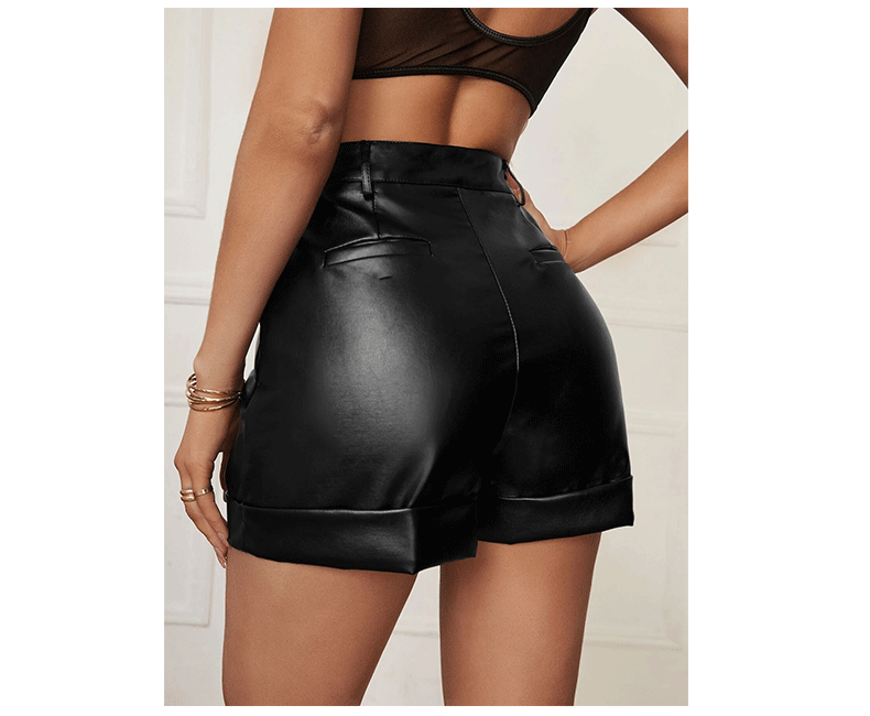 European and American Foreign Trade PU Leather Shorts Women's Outer Wear Cross-border Women's New High-roll Hem Pleated Women's Casual Hip Pants