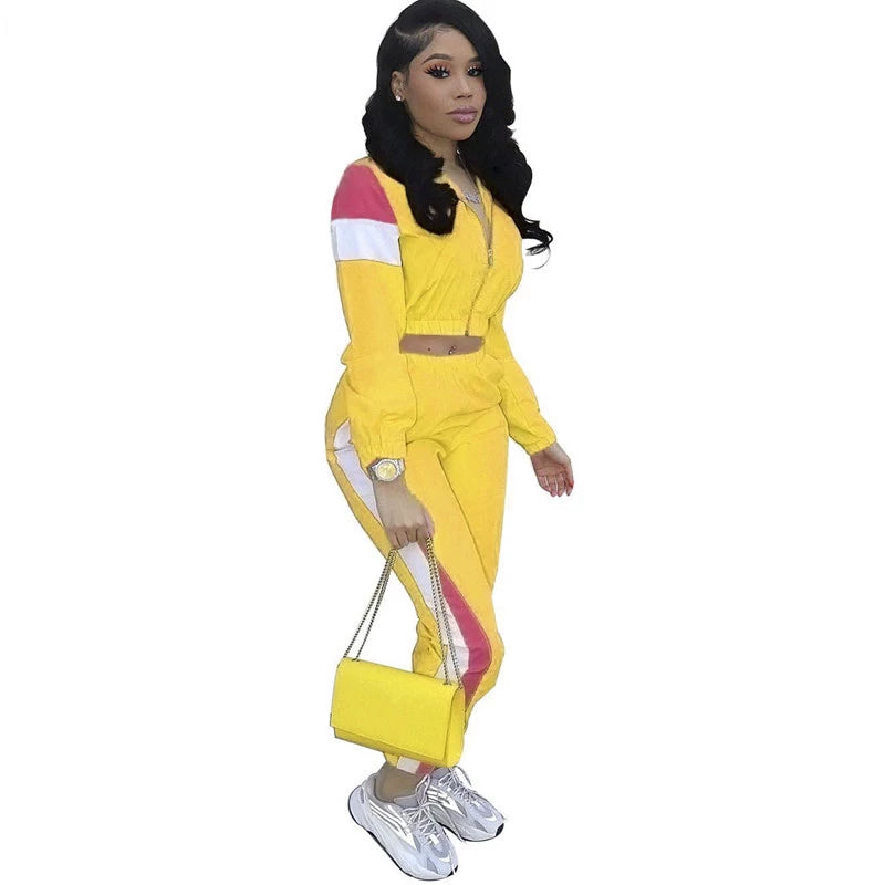 2024 Women's Fashion Color Collision Casual Suit, Splicing Sports Two-piece Set