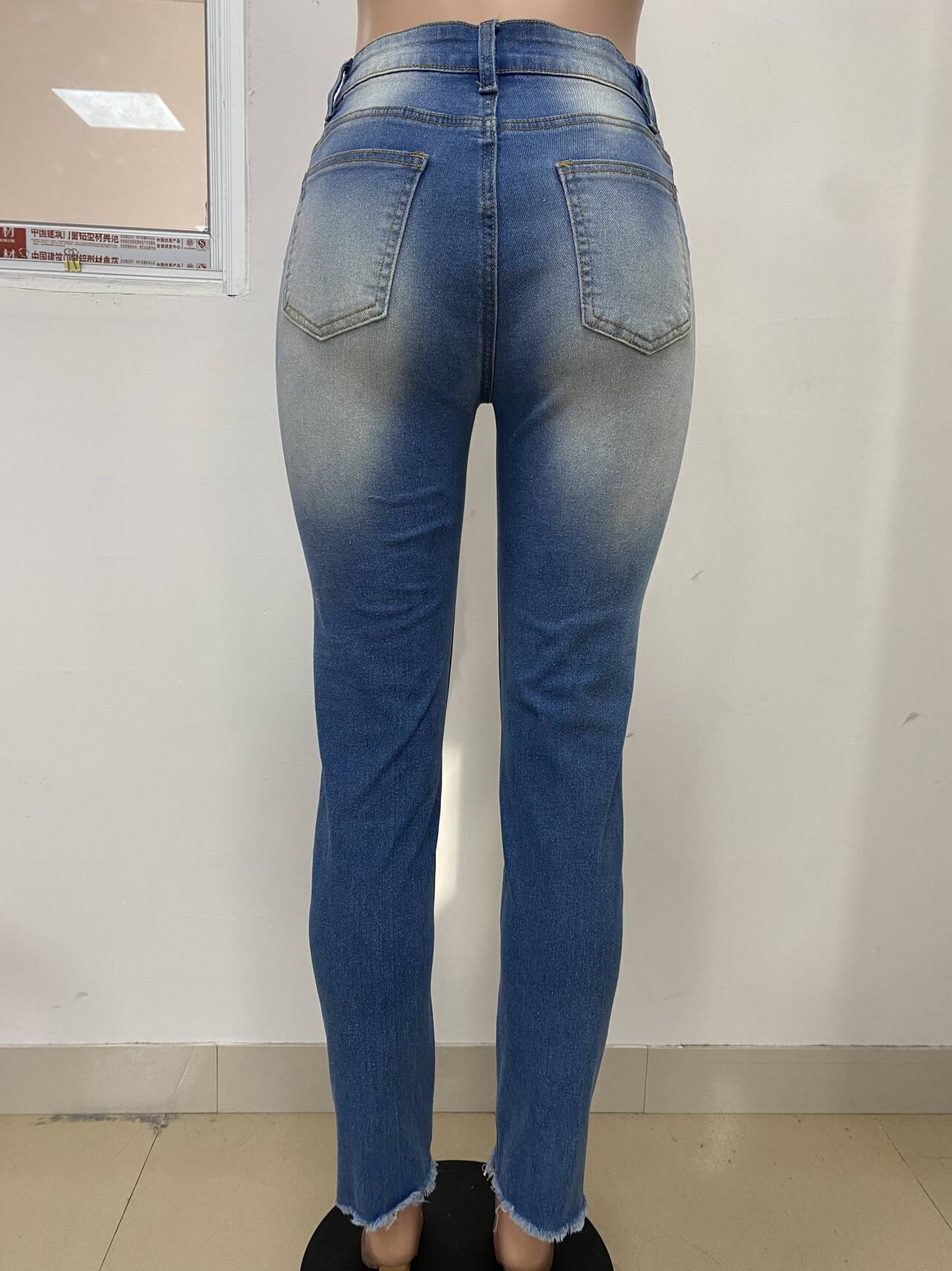 Jeans Ankle Length Women Pencil Denim Hole Pants Ripped Pockets High Waist Jean Skinny Streetwear Button Washed Distressed