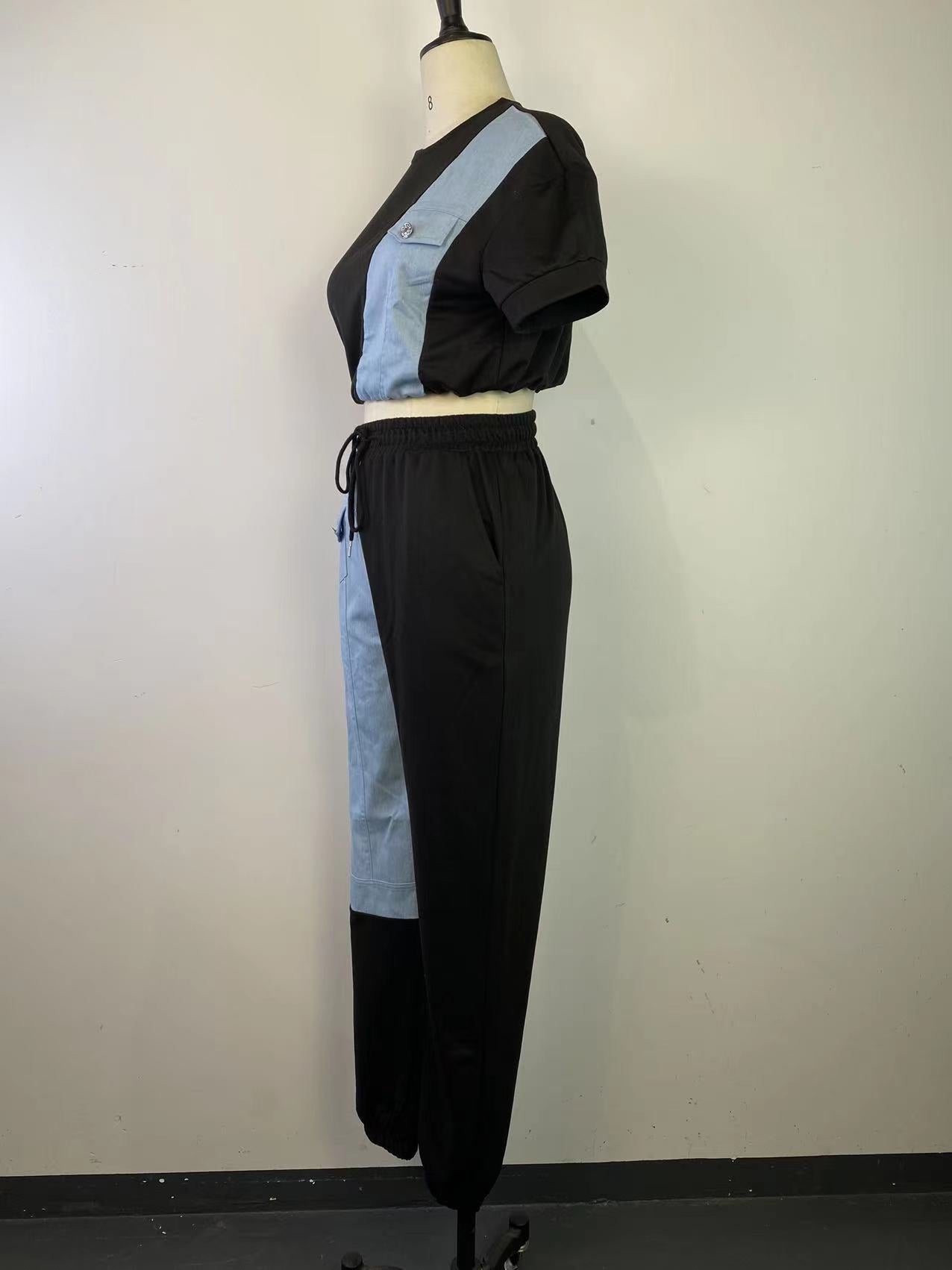 CM.YAYA Workout Denim Patchwork Women Two 2 Piece Set Outfit Sweatsuit 2022 T-shirt and Jogger Pants Matching Set Tracksuit