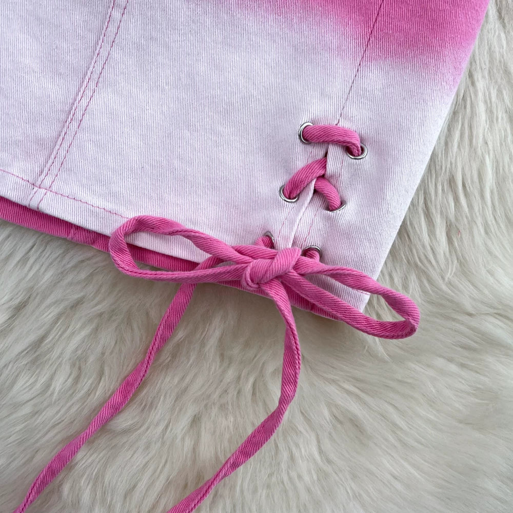 Pink Gradient Jeans Skirts Set Girl Fashion Denim Sleeveless Camisole Vest Top Two-piece Set Mini Bodycon Strap Skirt Summer