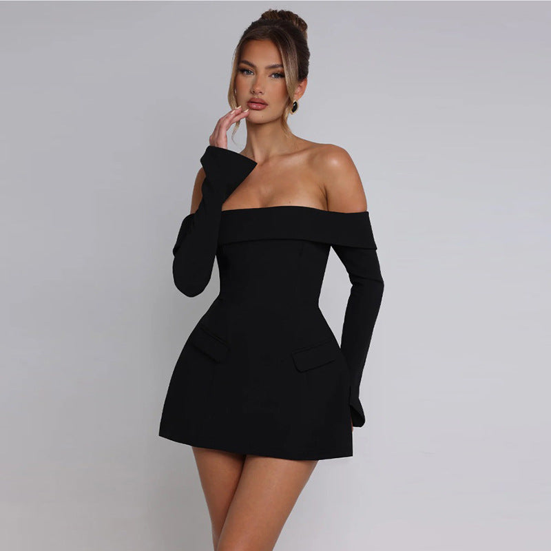 BKQU Elegantes schulterfreies Langarm-Minikleid für Damen, sexy trägerloses, rückenfreies, schmales A-Linien-Kurzleid, elegantes Party-Vestido