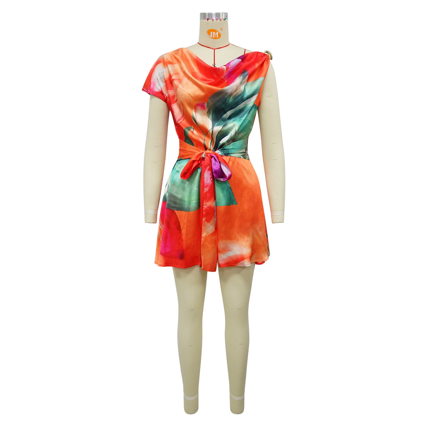 CM.YAYA Damen Batik-Print Strand Ärmellos V-Ausschnitt Schärpen Sexy Party Club Playsuits Jumpsuit 2025 Sommer Einteiler Rompers