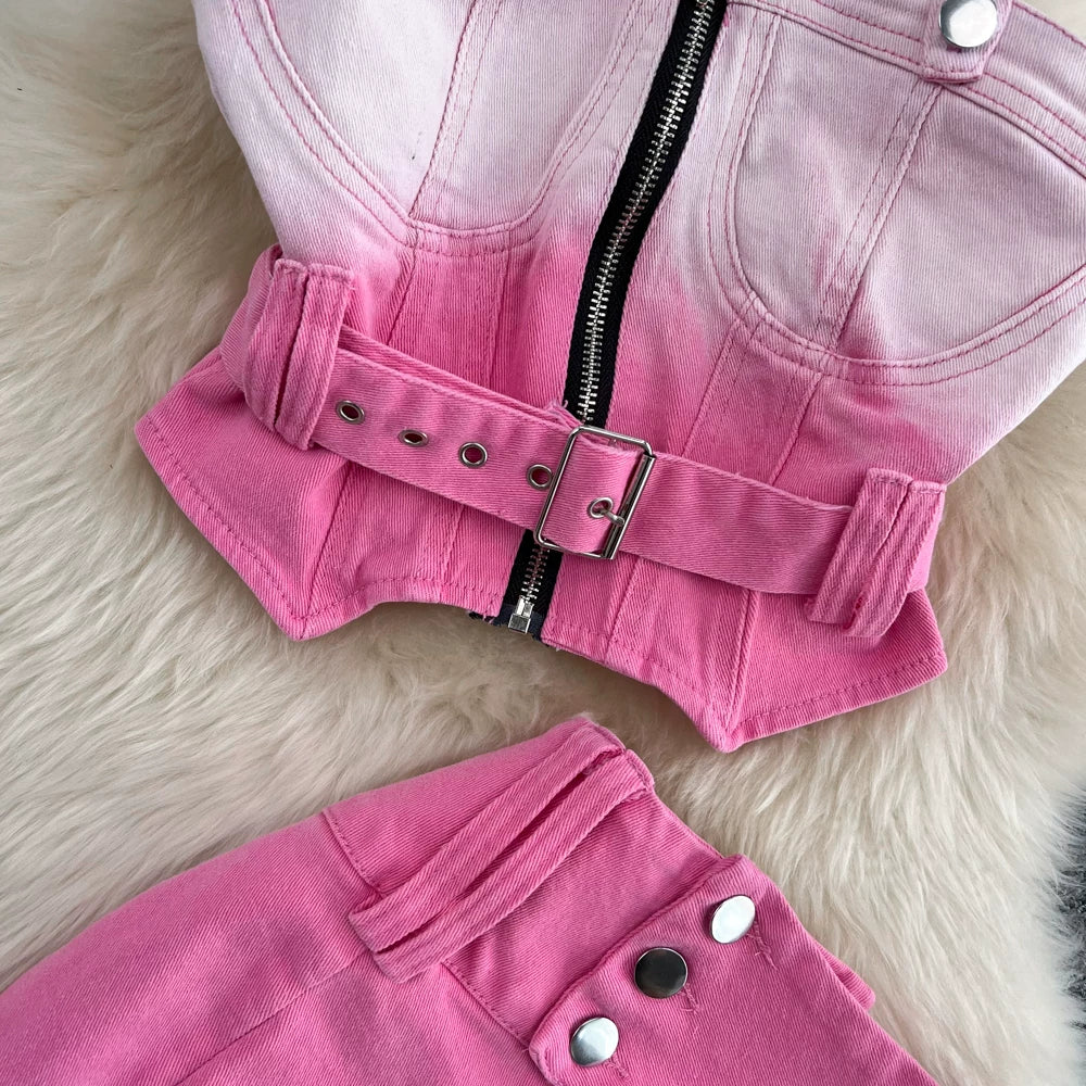 Pink Gradient Jeans Skirts Set Girl Fashion Denim Sleeveless Camisole Vest Top Two-piece Set Mini Bodycon Strap Skirt Summer