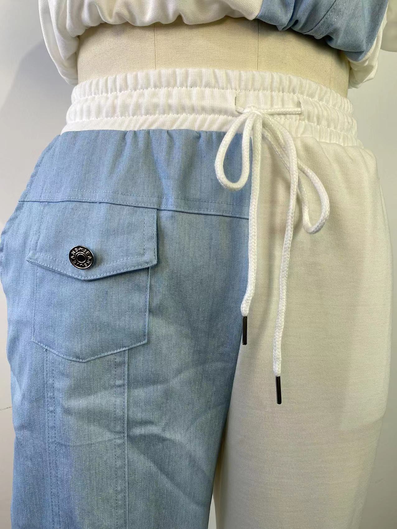 CM.YAYA Workout Denim Patchwork Women Two 2 Piece Set Outfit Sweatsuit 2022 T-shirt and Jogger Pants Matching Set Tracksuit