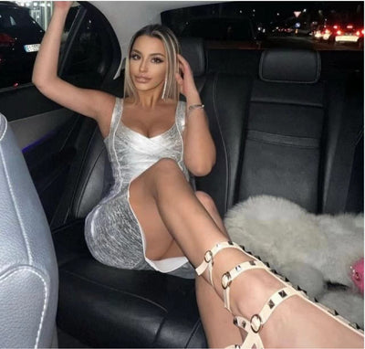 Europa und Amerika grenzüberschreitendes Modell Sexy tief ausgeschnittenes Gesäß gerafftes ärmelloses bronzefarbenes Verband-Einteiler-Kleid Mode Heiße Party-Verpackung
