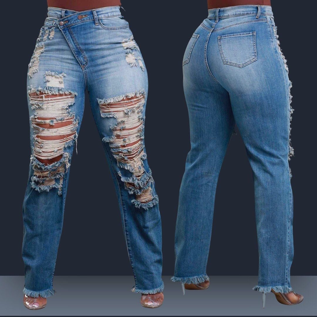 Jeans Ankle Length Women Pencil Denim Hole Pants Ripped Pockets High Waist Jean Skinny Streetwear Button Washed Distressed