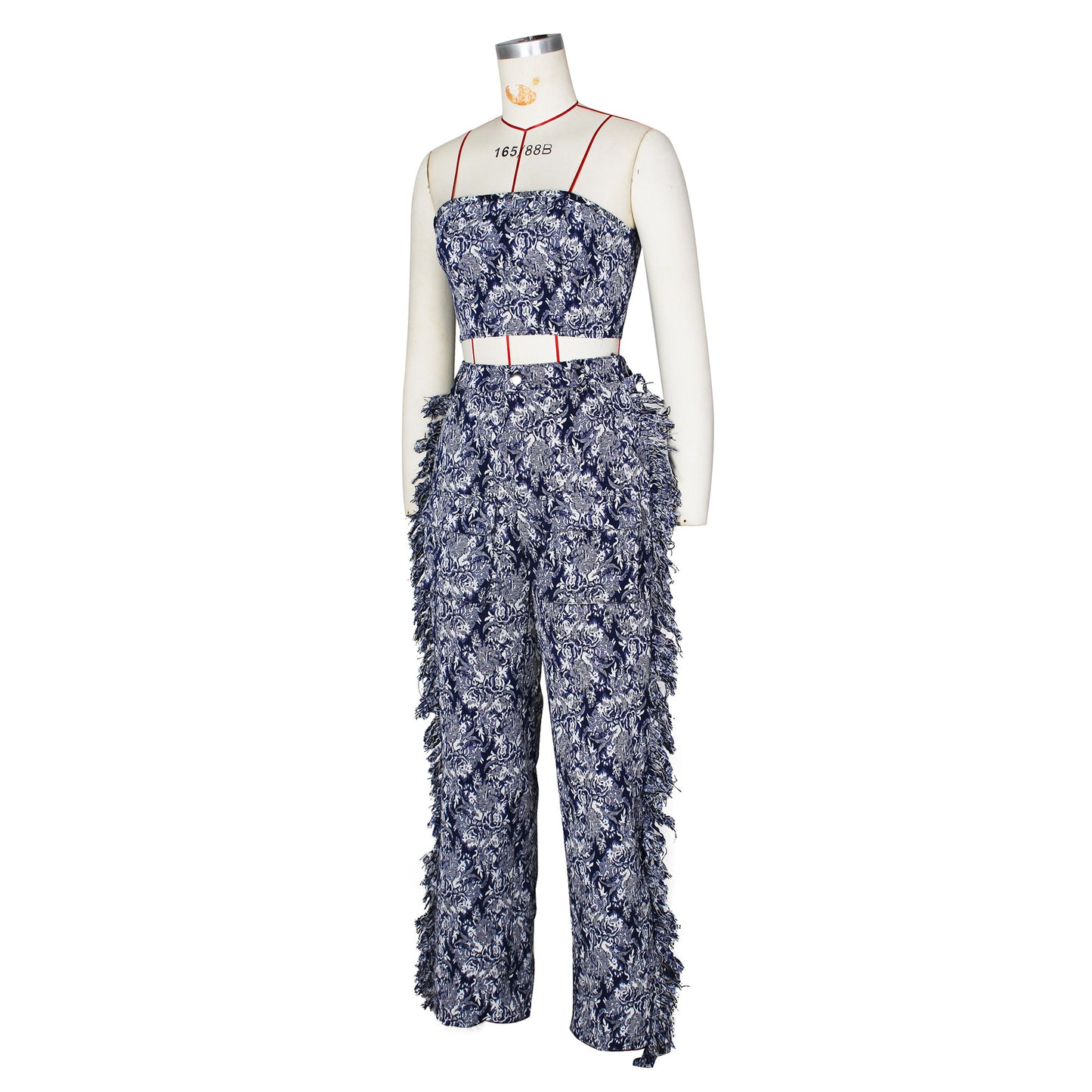 CM.YAYA Fashion Print Women's Set Strapless Top and Wide Leg tassel Pants Summer Cargo Street Two 2 Piece Set Outfit Tracksuit