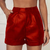 European and American Foreign Trade PU Leather Shorts Women's Outer Wear Cross-border Women's New High-roll Hem Pleated Women's Casual Hip Pants