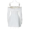BKQU Elegantes schulterfreies Langarm-Minikleid für Damen, sexy trägerloses, rückenfreies, schmales A-Linien-Kurzleid, elegantes Party-Vestido