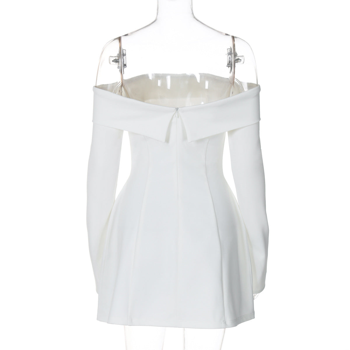 BKQU Elegantes schulterfreies Langarm-Minikleid für Damen, sexy trägerloses, rückenfreies, schmales A-Linien-Kurzleid, elegantes Party-Vestido