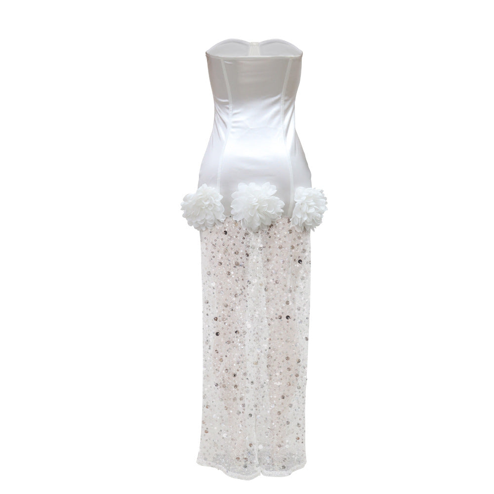 CM.YAYA INS Women Strapless Mesh Stain High Waist 3D Flower Sleeveless Dress 2024 Birthday Maxi Long Party Evening Split Dresses