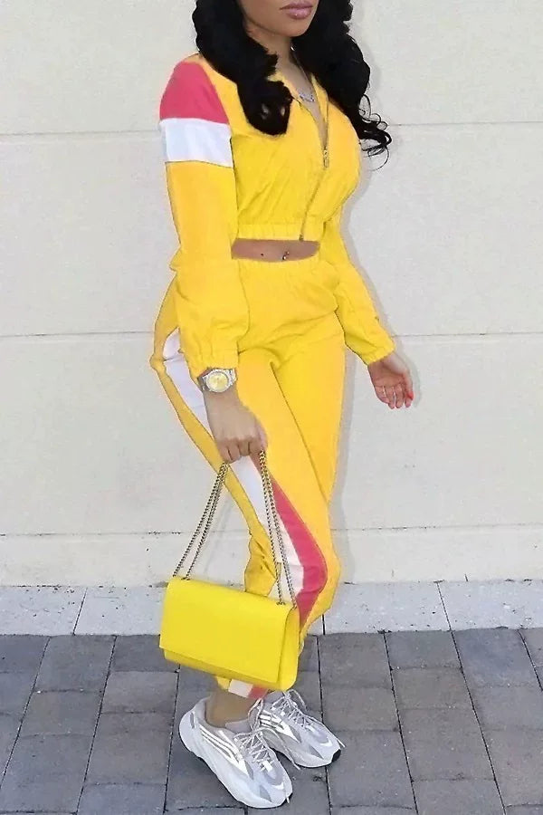 2024 Women's Fashion Color Collision Casual Suit, Splicing Sports Two-piece Set