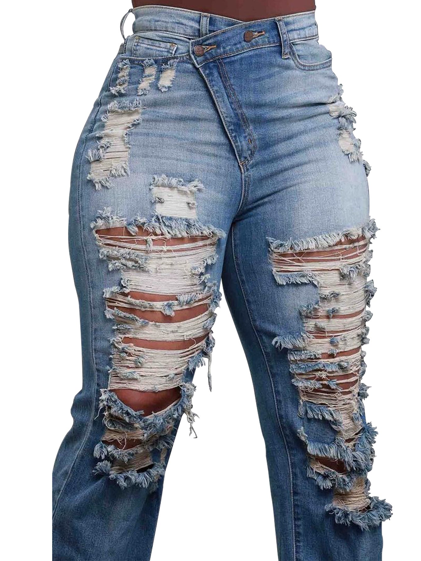 Jeans Ankle Length Women Pencil Denim Hole Pants Ripped Pockets High Waist Jean Skinny Streetwear Button Washed Distressed