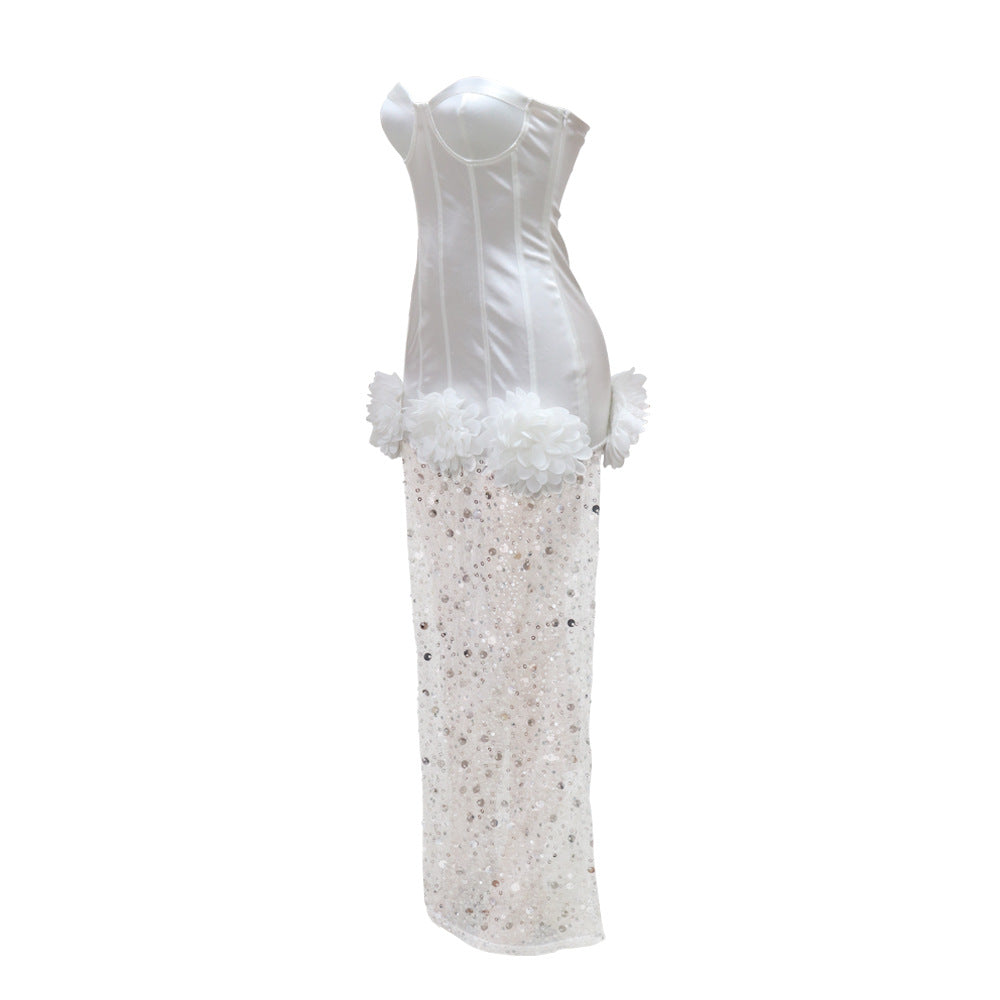 CM.YAYA INS Women Strapless Mesh Stain High Waist 3D Flower Sleeveless Dress 2024 Birthday Maxi Long Party Evening Split Dresses
