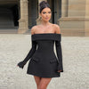 BKQU Elegantes schulterfreies Langarm-Minikleid für Damen, sexy trägerloses, rückenfreies, schmales A-Linien-Kurzleid, elegantes Party-Vestido