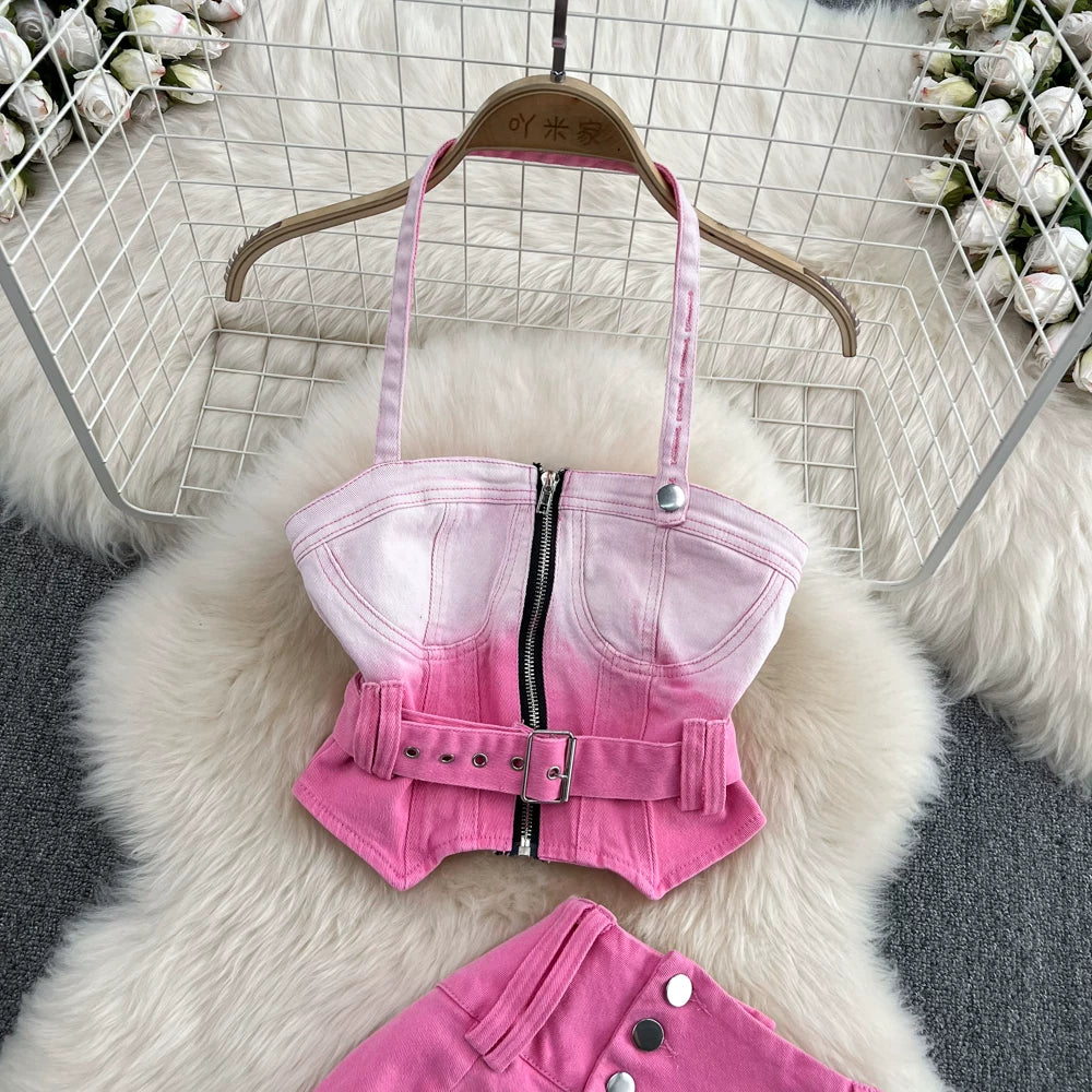 Pink Gradient Jeans Skirts Set Girl Fashion Denim Sleeveless Camisole Vest Top Two-piece Set Mini Bodycon Strap Skirt Summer