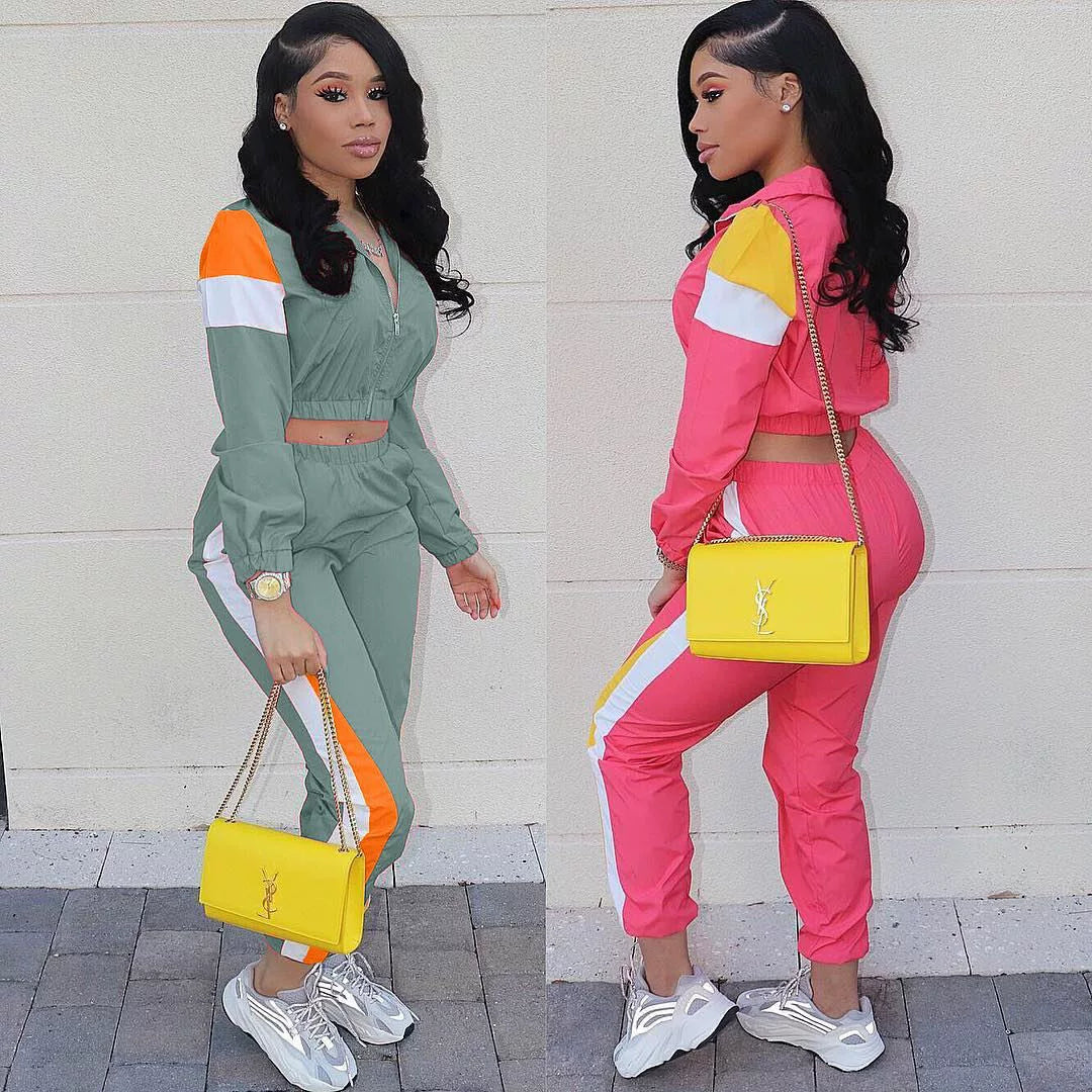 2024 Women's Fashion Color Collision Casual Suit, Splicing Sports Two-piece Set