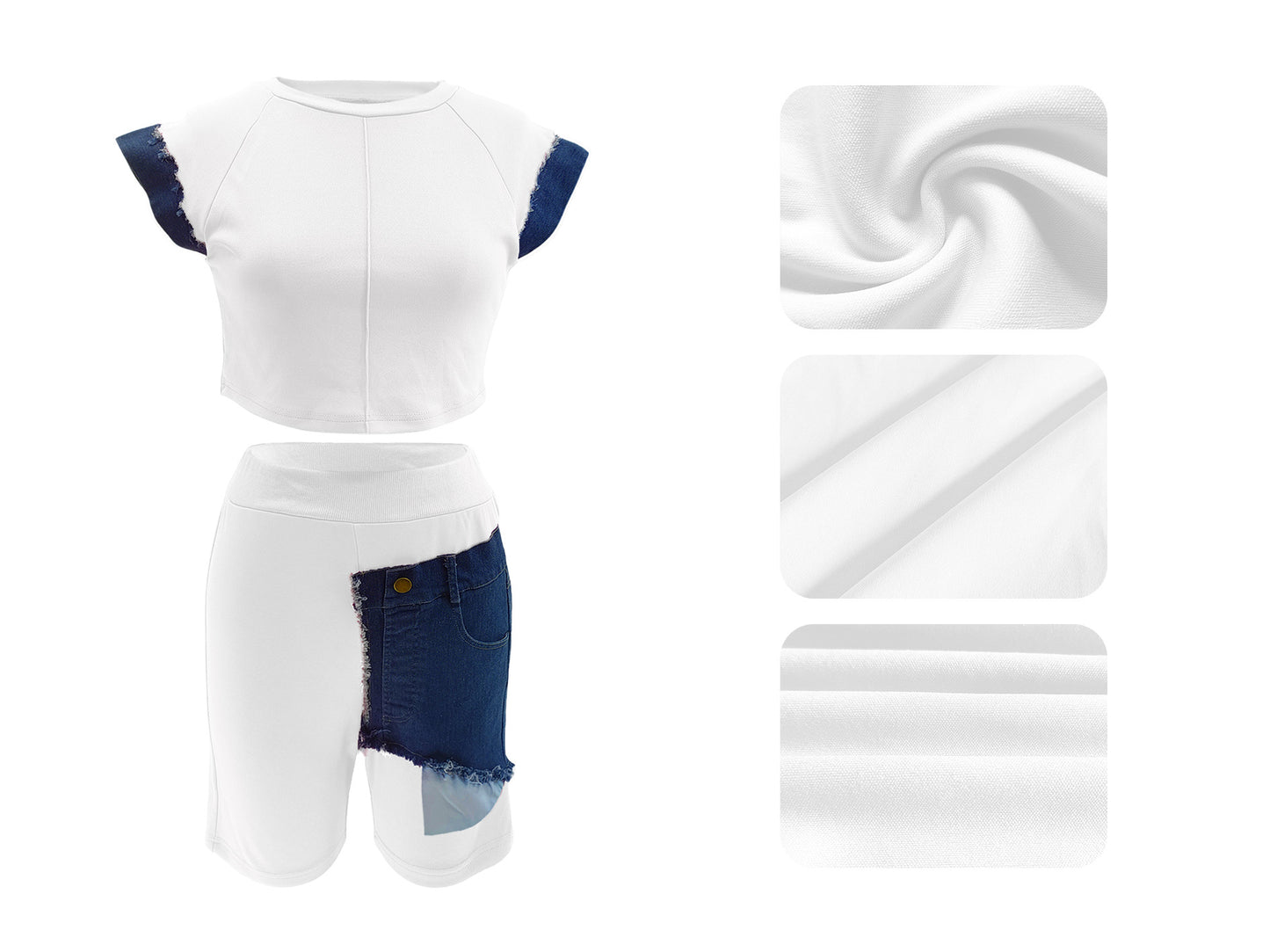 CM.YAYA Fashion Denim Patchwork Women's Set Sleeveless T-shirt and Shorts 2025 Active Street Two 2 Piece Sets Outfits Tracksuit