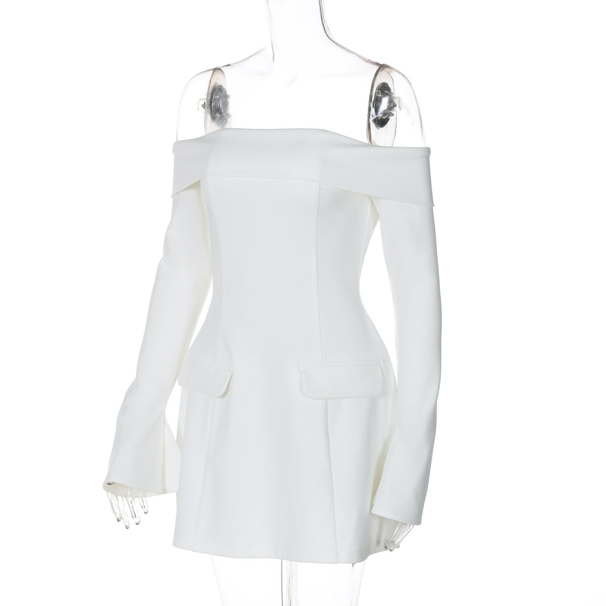 BKQU Elegantes schulterfreies Langarm-Minikleid für Damen, sexy trägerloses, rückenfreies, schmales A-Linien-Kurzleid, elegantes Party-Vestido