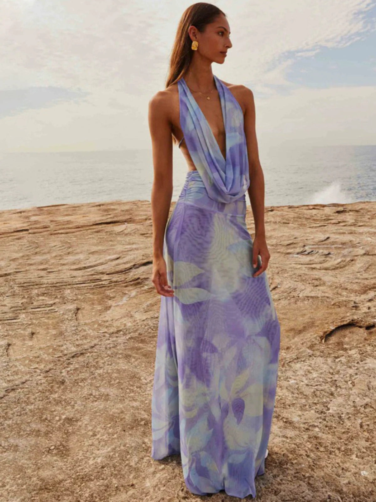 Sylcue Wizard of Oz Elegant Retro Tie-Dyed Fresh Print Deep V-neck Halter Dress Waist-Slimming Long Dress Summer