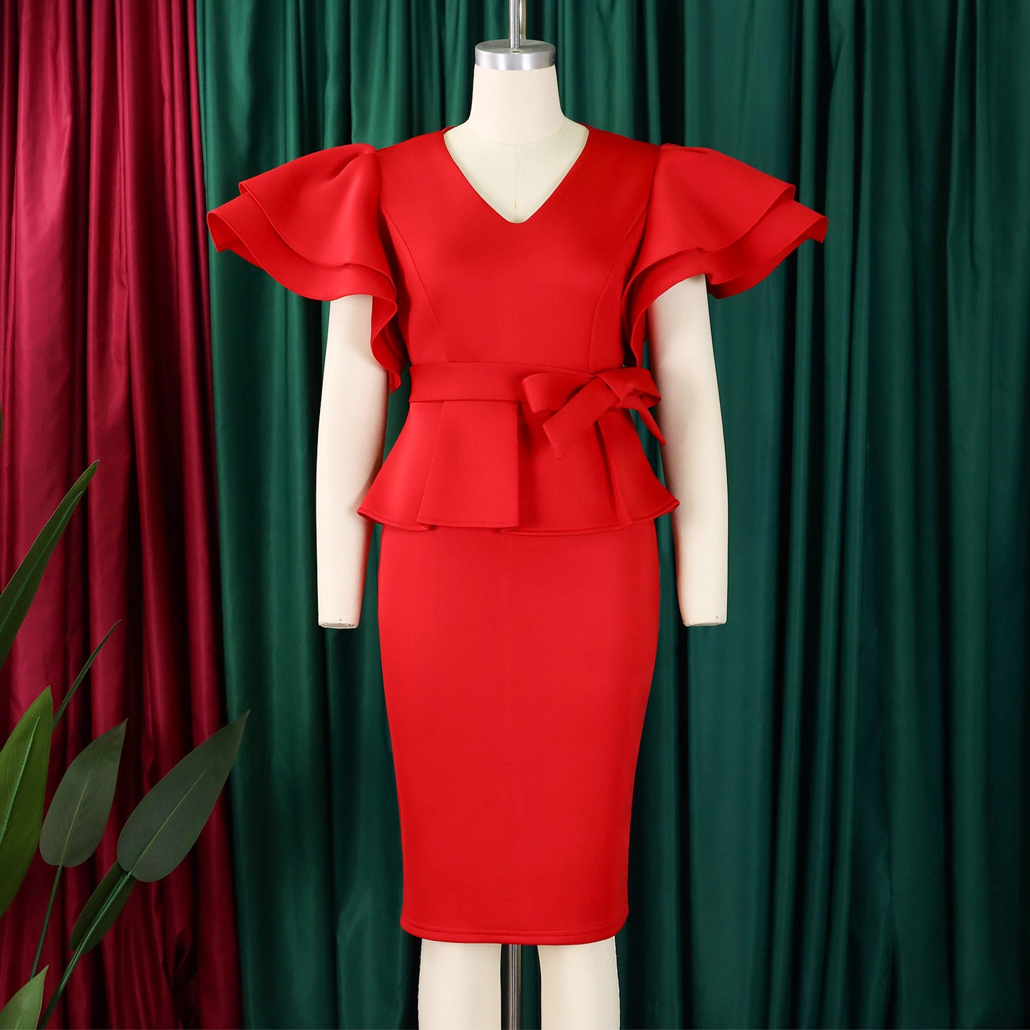 CM.YAYA Damen Kurzarm V-Ausschnitt Gürtel Hohe Taille Midikleid 2025 Sommer Afrika OL Business Abend Sexy Partykleider Vestidos