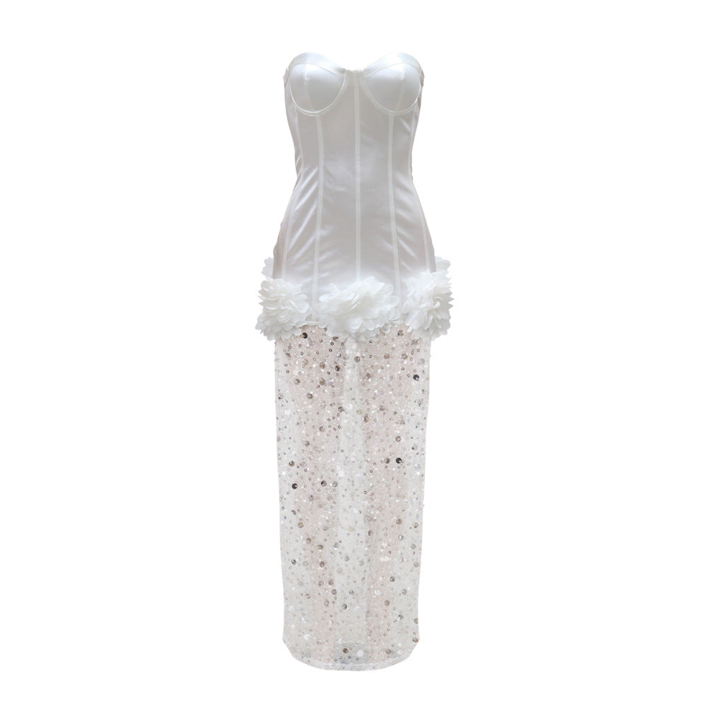 CM.YAYA INS Women Strapless Mesh Stain High Waist 3D Flower Sleeveless Dress 2024 Birthday Maxi Long Party Evening Split Dresses