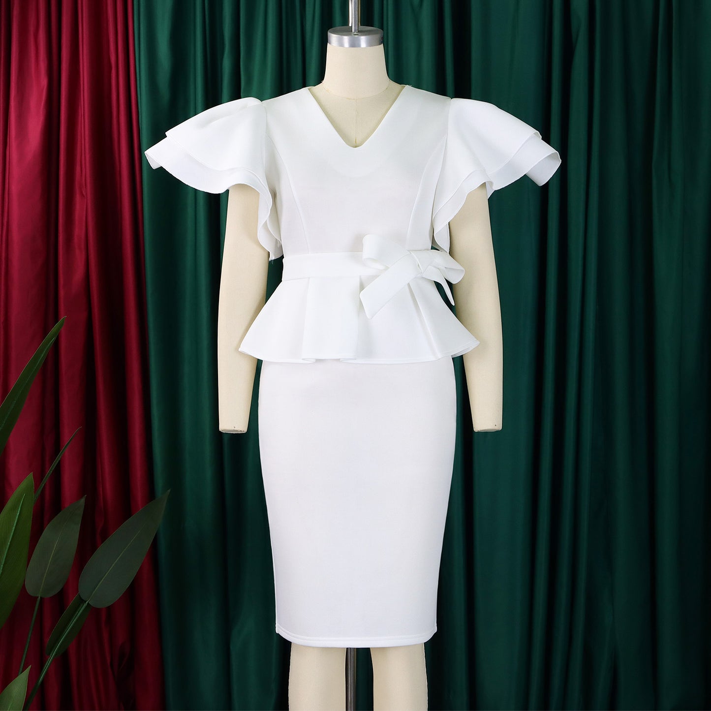 CM.YAYA Damen Kurzarm V-Ausschnitt Gürtel Hohe Taille Midikleid 2025 Sommer Afrika OL Business Abend Sexy Partykleider Vestidos