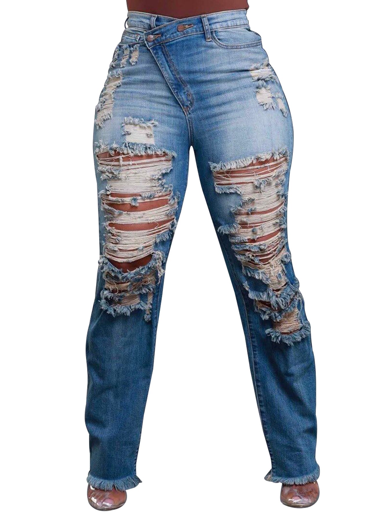 Jeans Ankle Length Women Pencil Denim Hole Pants Ripped Pockets High Waist Jean Skinny Streetwear Button Washed Distressed