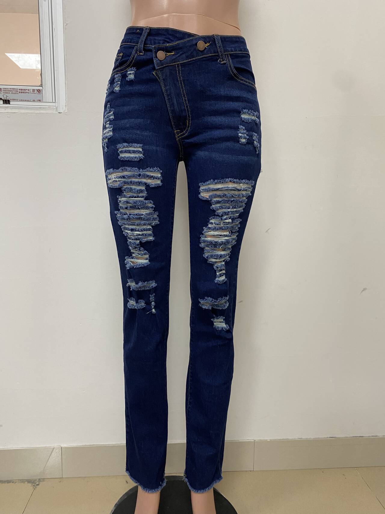Jeans Ankle Length Women Pencil Denim Hole Pants Ripped Pockets High Waist Jean Skinny Streetwear Button Washed Distressed