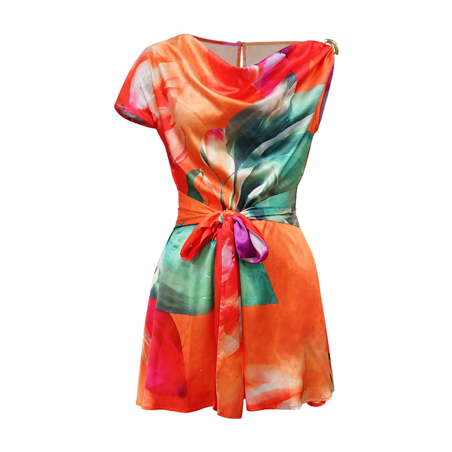 CM.YAYA Damen Batik-Print Strand Ärmellos V-Ausschnitt Schärpen Sexy Party Club Playsuits Jumpsuit 2025 Sommer Einteiler Rompers