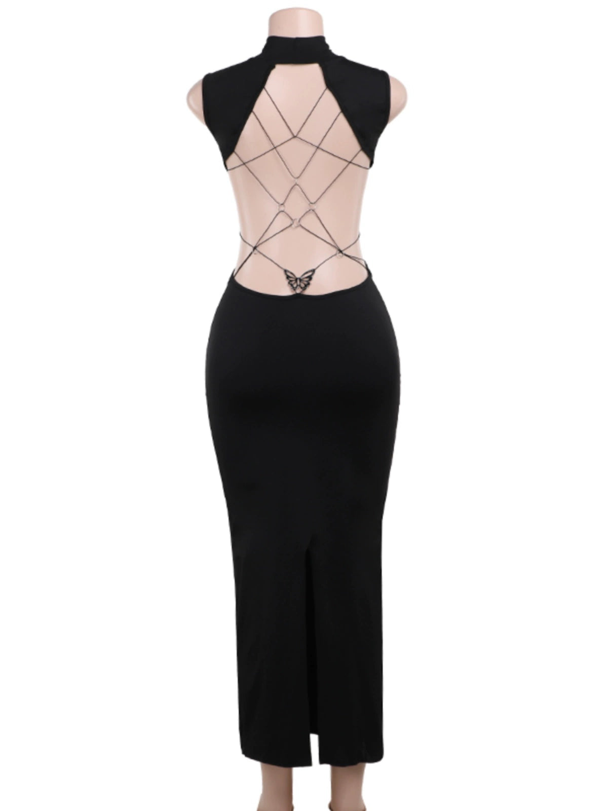Umwerfendes europäisches und amerikanisches Metall-Schmetterling Aushöhlen Rückenfreies Kleid Damen Gyaru Stil Schlankmachender langer Rock mit Schlitz