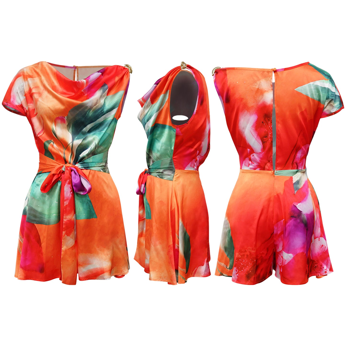 CM.YAYA Damen Batik-Print Strand Ärmellos V-Ausschnitt Schärpen Sexy Party Club Playsuits Jumpsuit 2025 Sommer Einteiler Rompers