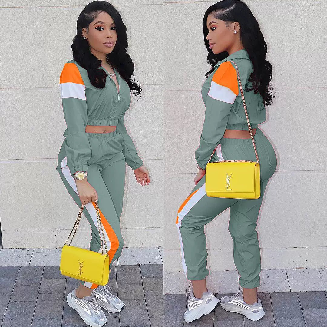 2024 Women's Fashion Color Collision Casual Suit, Splicing Sports Two-piece Set