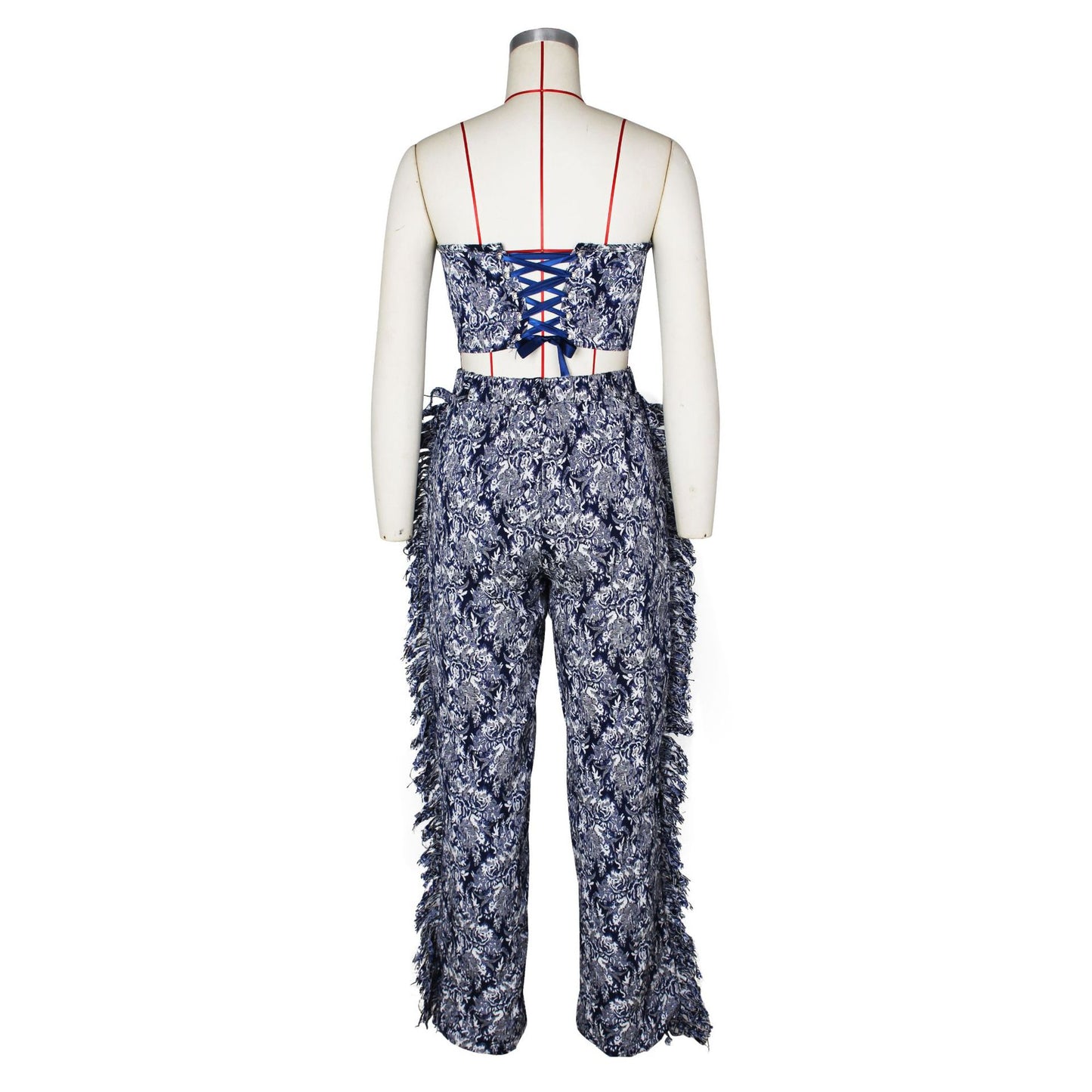 CM.YAYA Fashion Print Women's Set Strapless Top and Wide Leg tassel Pants Summer Cargo Street Two 2 Piece Set Outfit Tracksuit